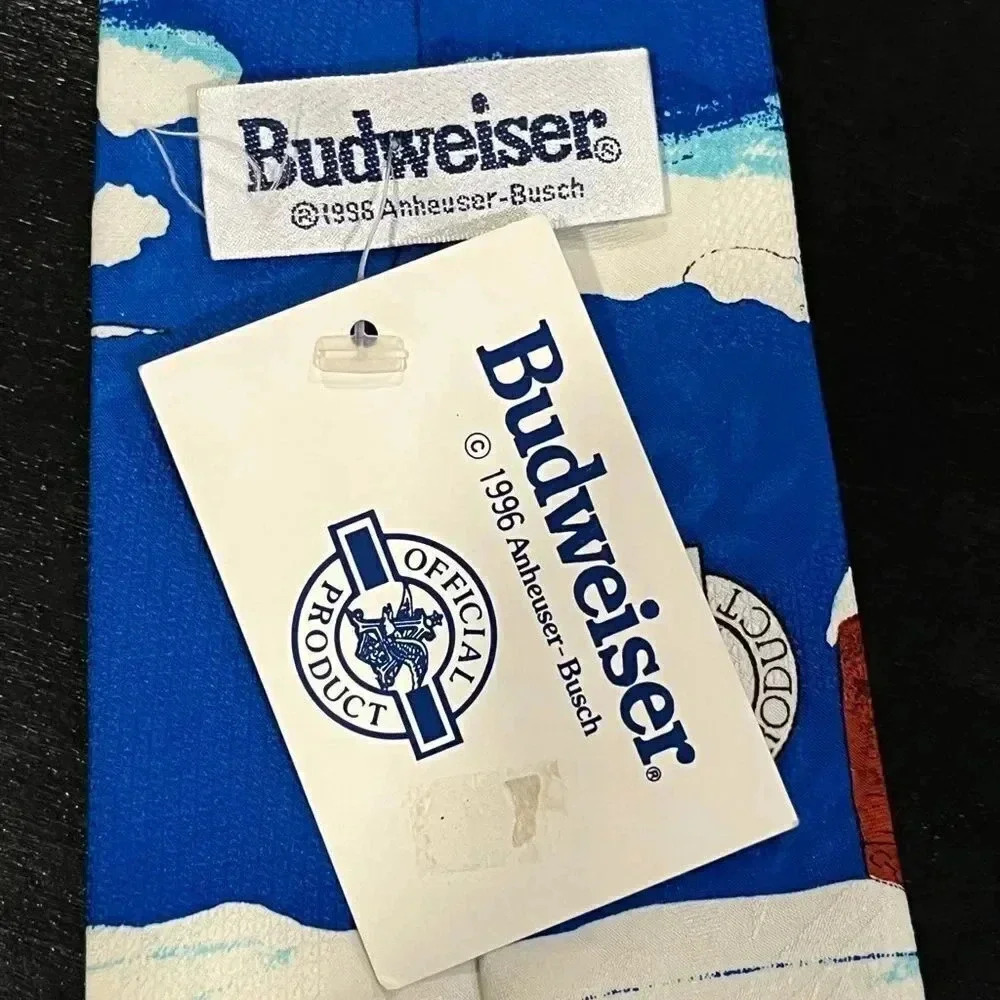 🍀2/$22 NWT Vintage 90s Budweiser Frog Cabin Winter Christmas Mens Necktie Blue - Picture 5 of 9